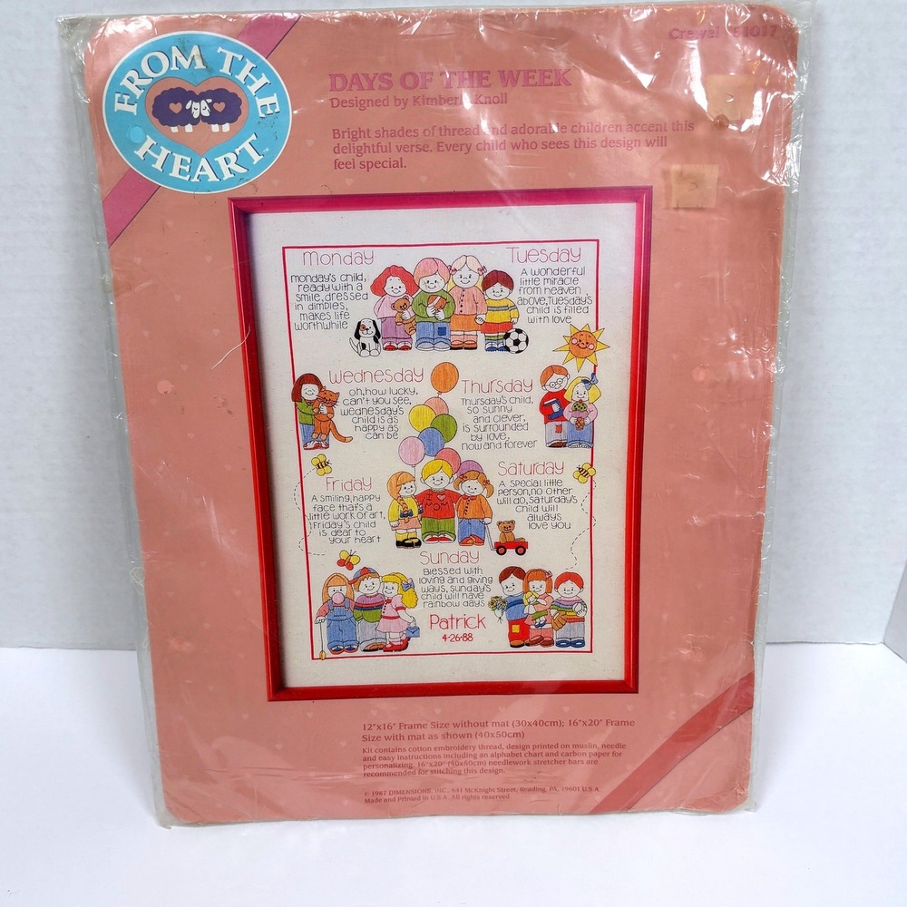 Vtg '87 Dimensions Days of the Week Birth Sampler Nursery Crewel Kit 61017NEW